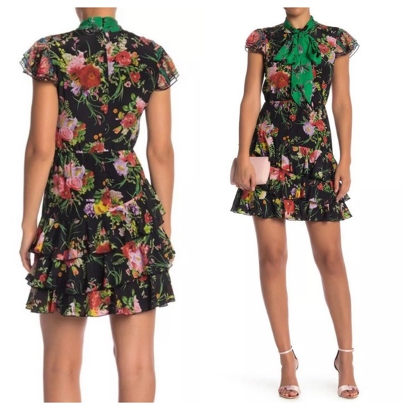 ALICE + OLIVIA Lessie Tiered Floral Tie-Neck Dress - Picture 4 of 10